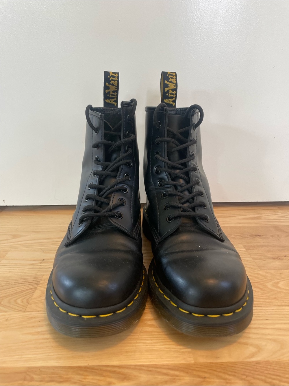 Dr. Martens Original 1460 Black Leather Lace-Up Boots with Yellow Stitching